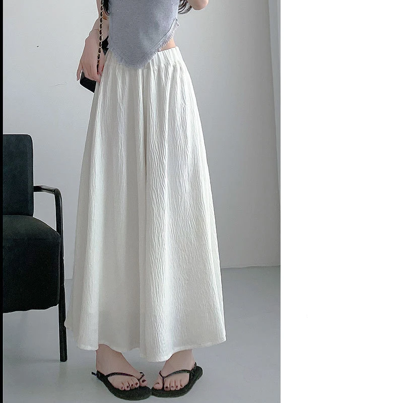 Ice Shreds Pleated Solid Color Women Summer Pleats Word a Casual All-match High Waist Sagging Sensation Wide Legs Skirt Pants