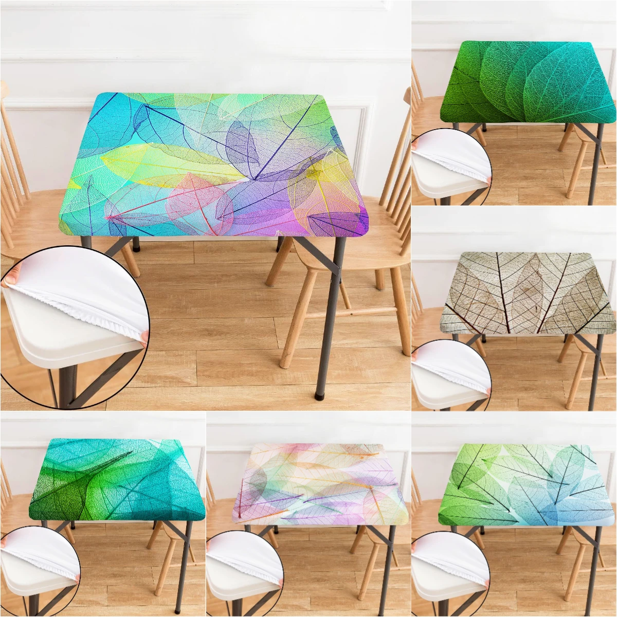 

Skeleton Leaves Fitted Square Tablecloth Green Leaf Print Table Cover Elastic Polyester Waterproof Tableclothe for Dining Table