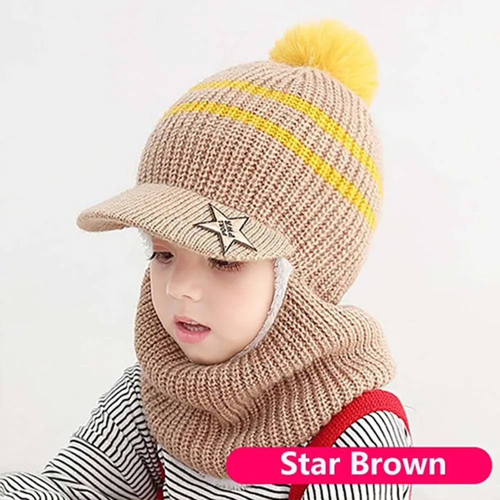 

Windproof Toddler With Scarf Neck Warmer Full Face Cover Fleece Lining Baby Bonnet Knitting Hat Caps Children Winter Hats