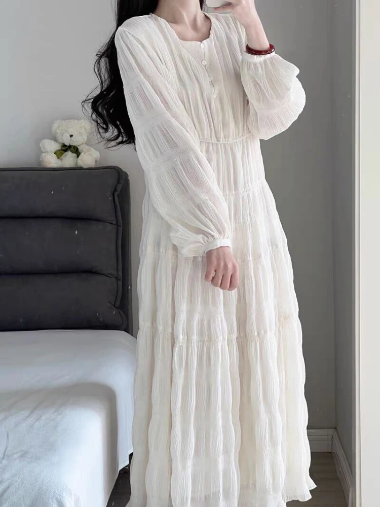 

2024 Spring Summer New Women's Dress Long Sleeved V-Neck Solid Color Pullover Waist Long Skirt