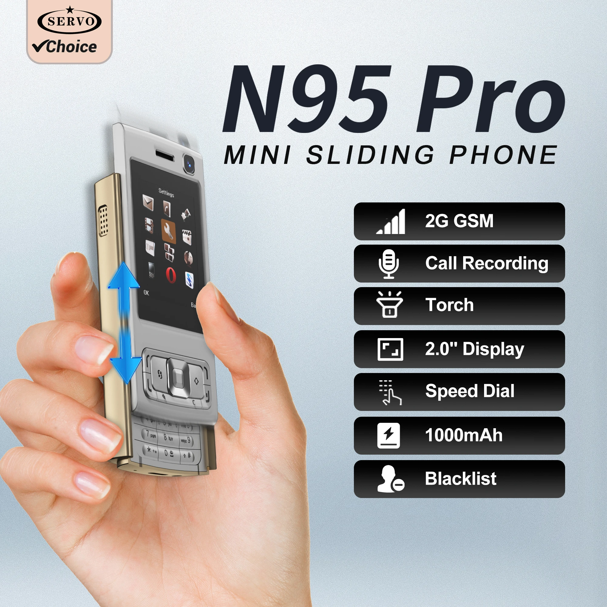 SERVO N95 PRO Slide Screen Mini Mobile Phone Speed Dial Call Recording Magic Voice Blacklist 2G Push Screen Torch Cellphone MP4