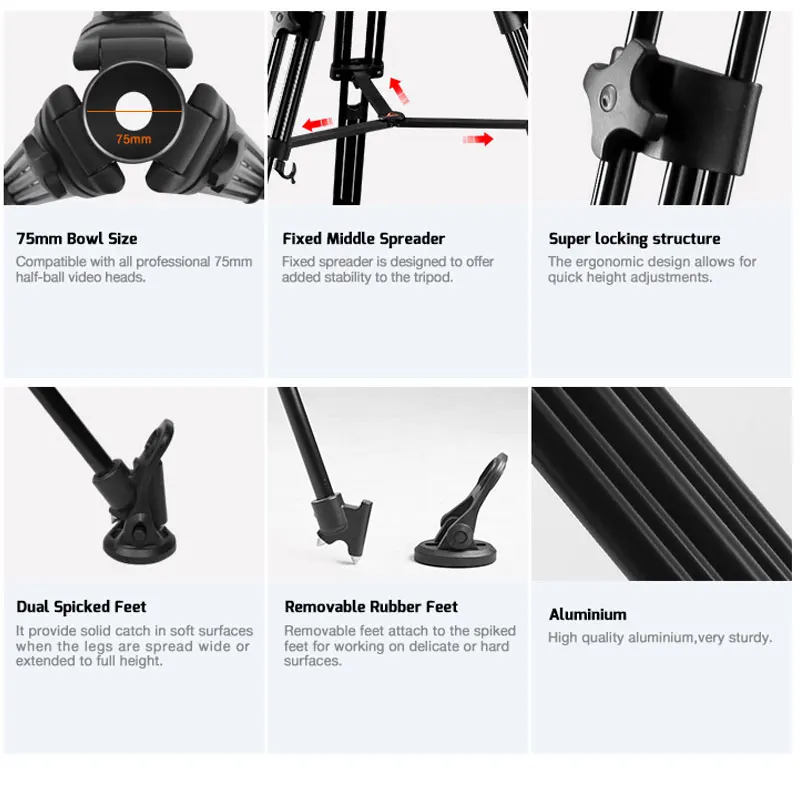 حامل ثلاثي القوائم E-IMAGE EG08AA احترافي مقاس 75 مم، حامل ثلاثي من الألومنيوم خفيف الوزن للفيديو