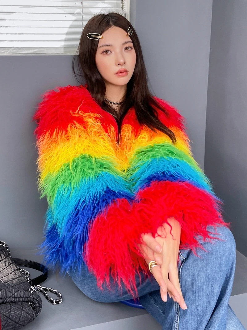 Red Orange Yellow Green Walking Color Plate Environmental Furry Coat Tan Wool Short Autumn Winter Street Minority Fashion