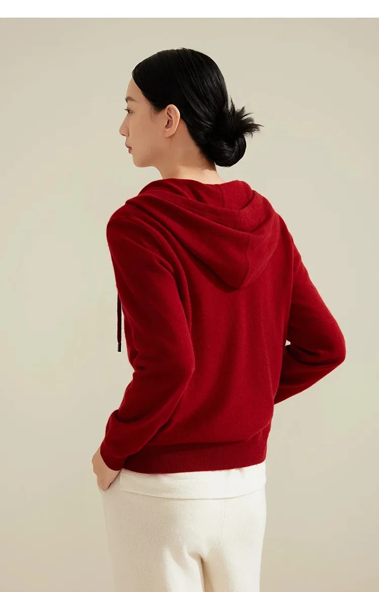 Pure cashmere sweater women's autumn and winter new drawstring hooded leisure solid color knitted pullover sweater