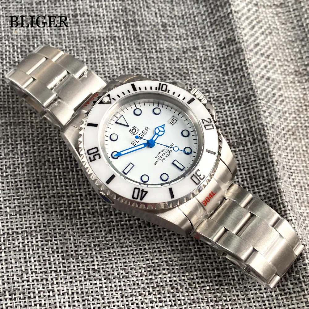 BLIGER White Dial 43mm SEA 24 Jewels NH35A Automatic Mechanical Mens Watch Brushed Steel Strap Luminous Blue Hand