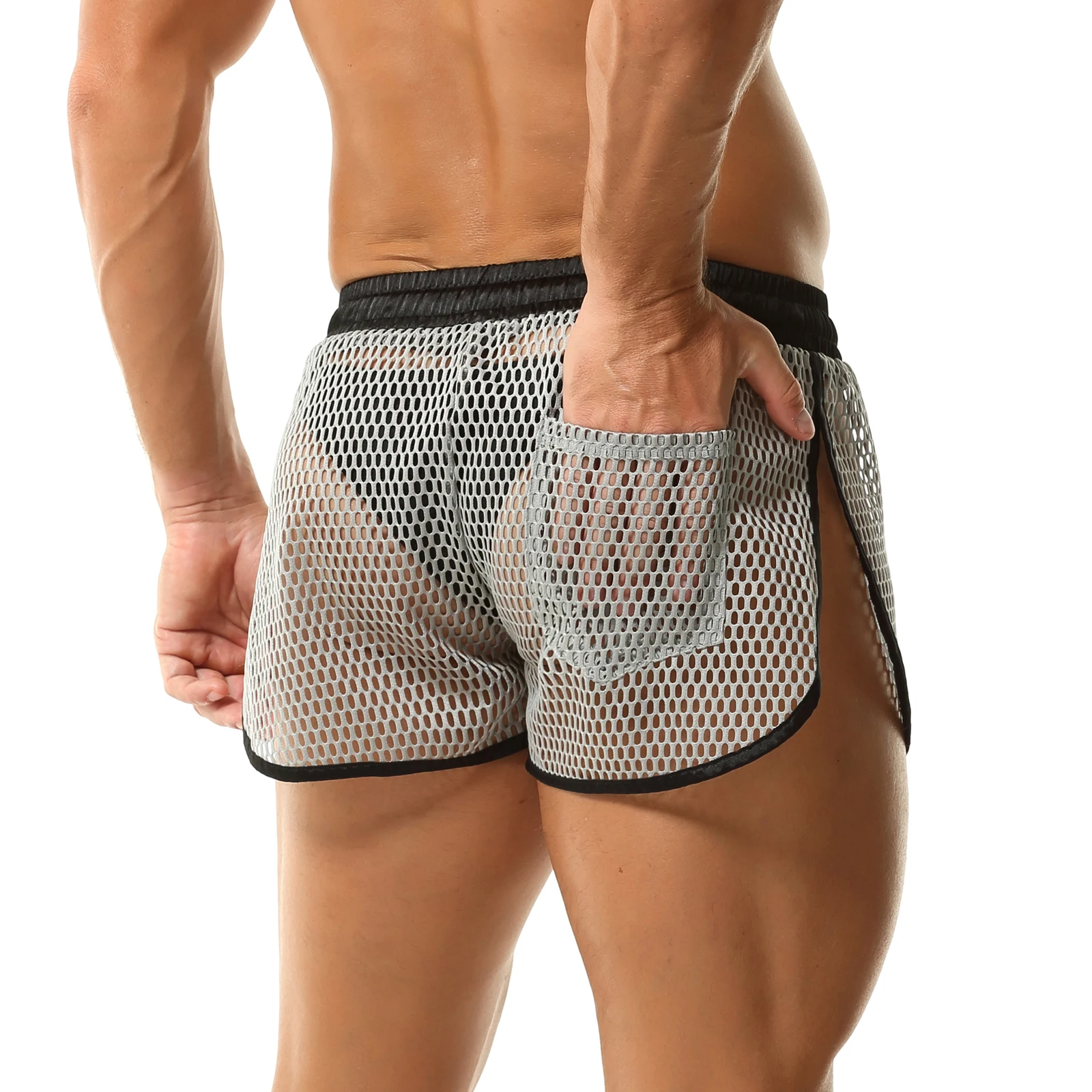 Mesh Net Men's Fitness Shorts Drawstring Pocket Sports Boxer Shorts See Through Loose Breathable Split Side Casual Bottoms