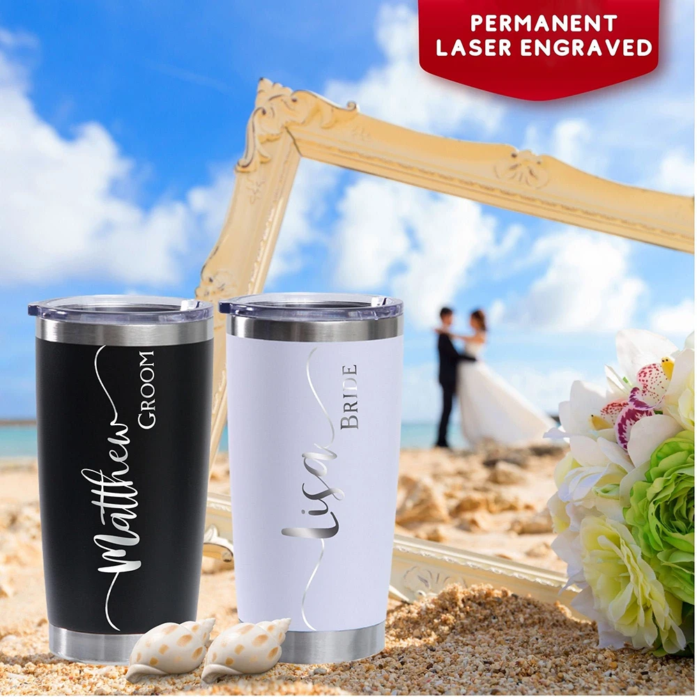 Custom Bride Groom Name Tumbler Set Laser Engraved 20oz Stainless Steel Cup Wedding Beach Party Gift for Couple Newlyweds.