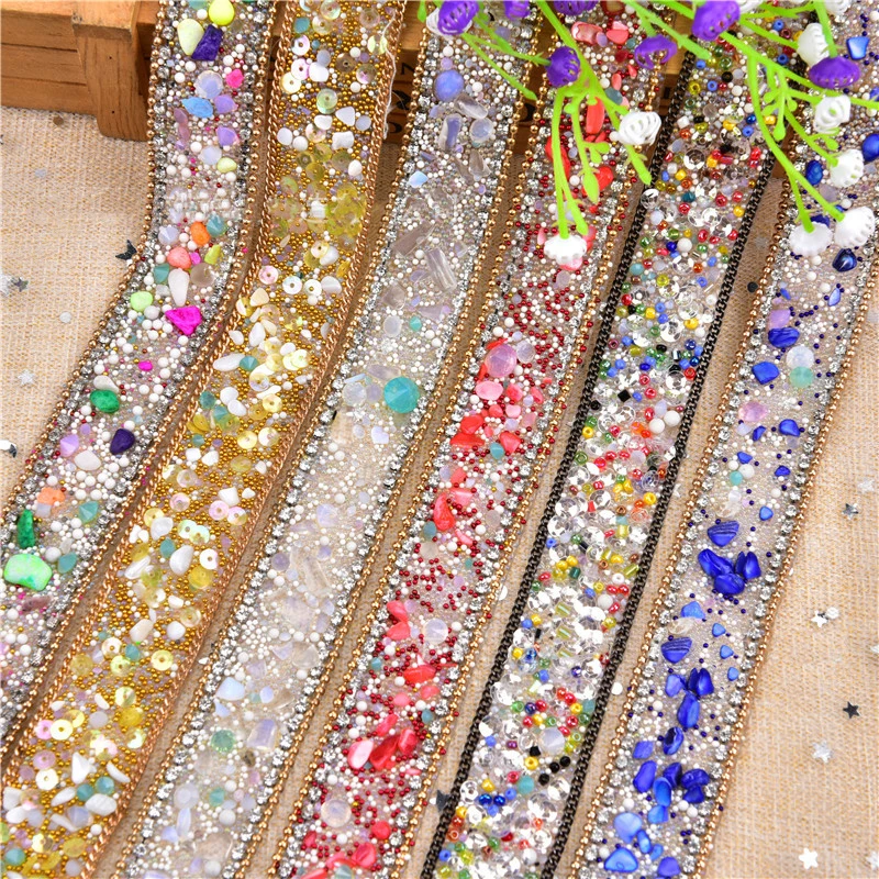 

1M Crystal Gemstone Rhinestone Chain Sewing Lace Trim Hand-beaded Ribbon Pearl Ribbon Iron On Appliques For Dresses Garments Bag