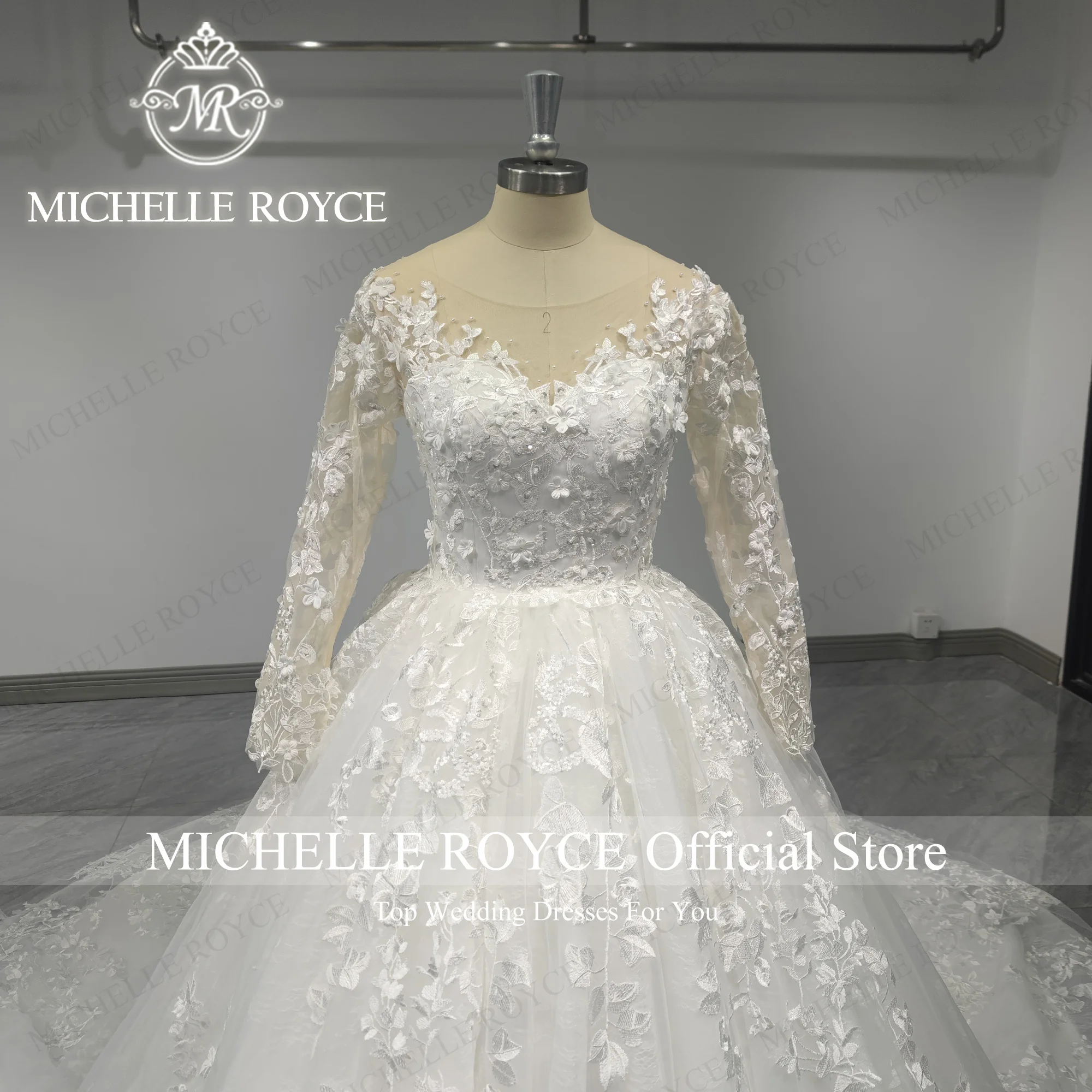 Michelle Royce-Robe de Mariée à Manches sulfen Dentelle, Tenue Éducative, Sexy, Dos aux, avec Perles et Fleurs