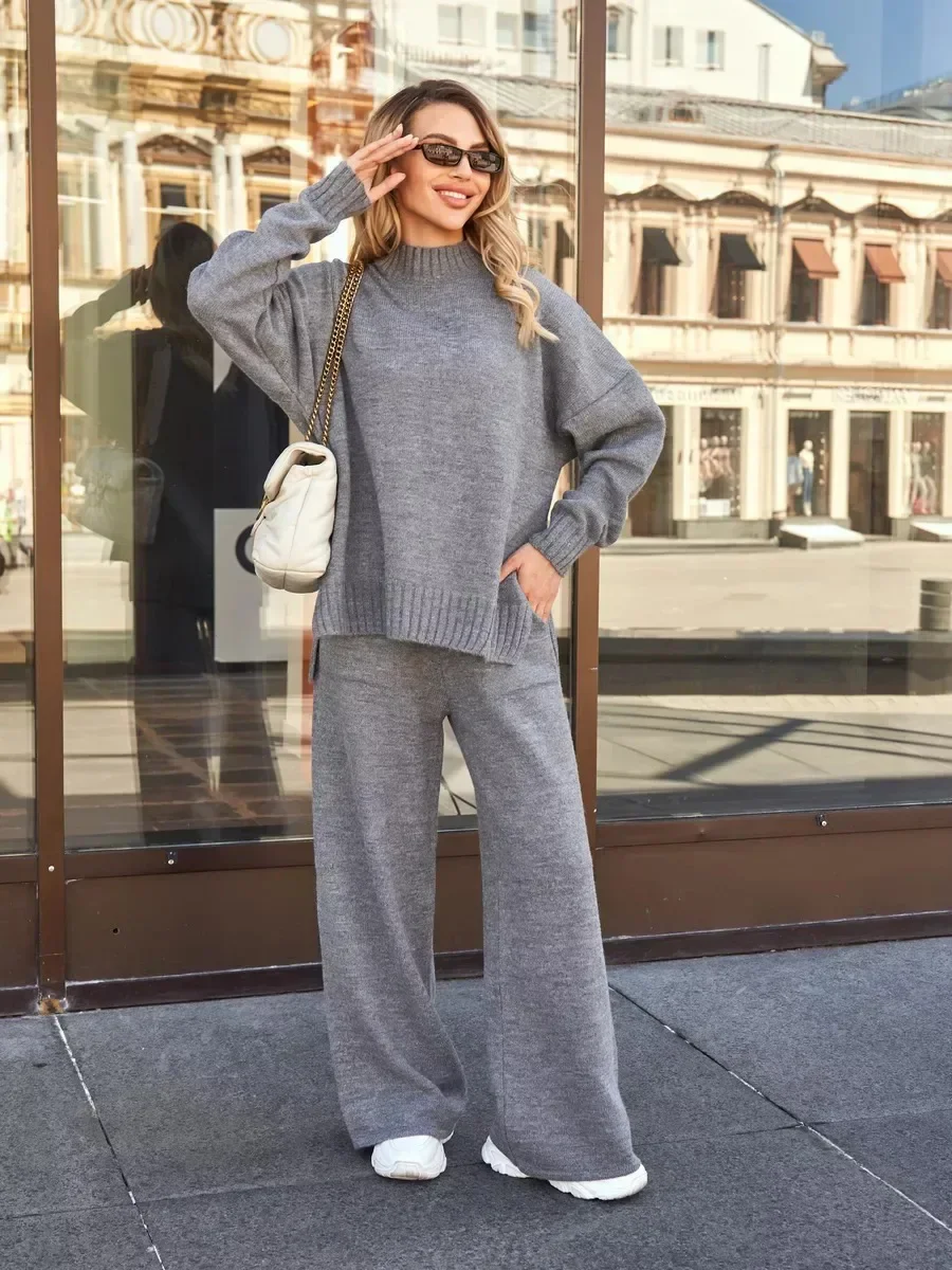 Outfit Casual Dicke Warme Stricken Anzug Herbst Winter Gestrickte Rollkragenpullover Set Frauen Lose Langarm Hosen 2 stück