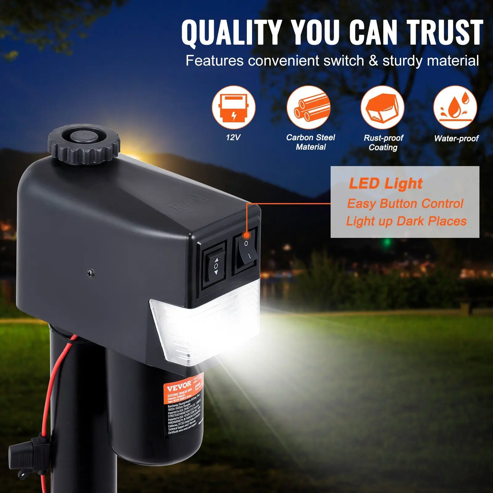 Power Tongue Jack 3500lb Strength 9.84-33.85in Extension Adjustable Base with Waterproofing