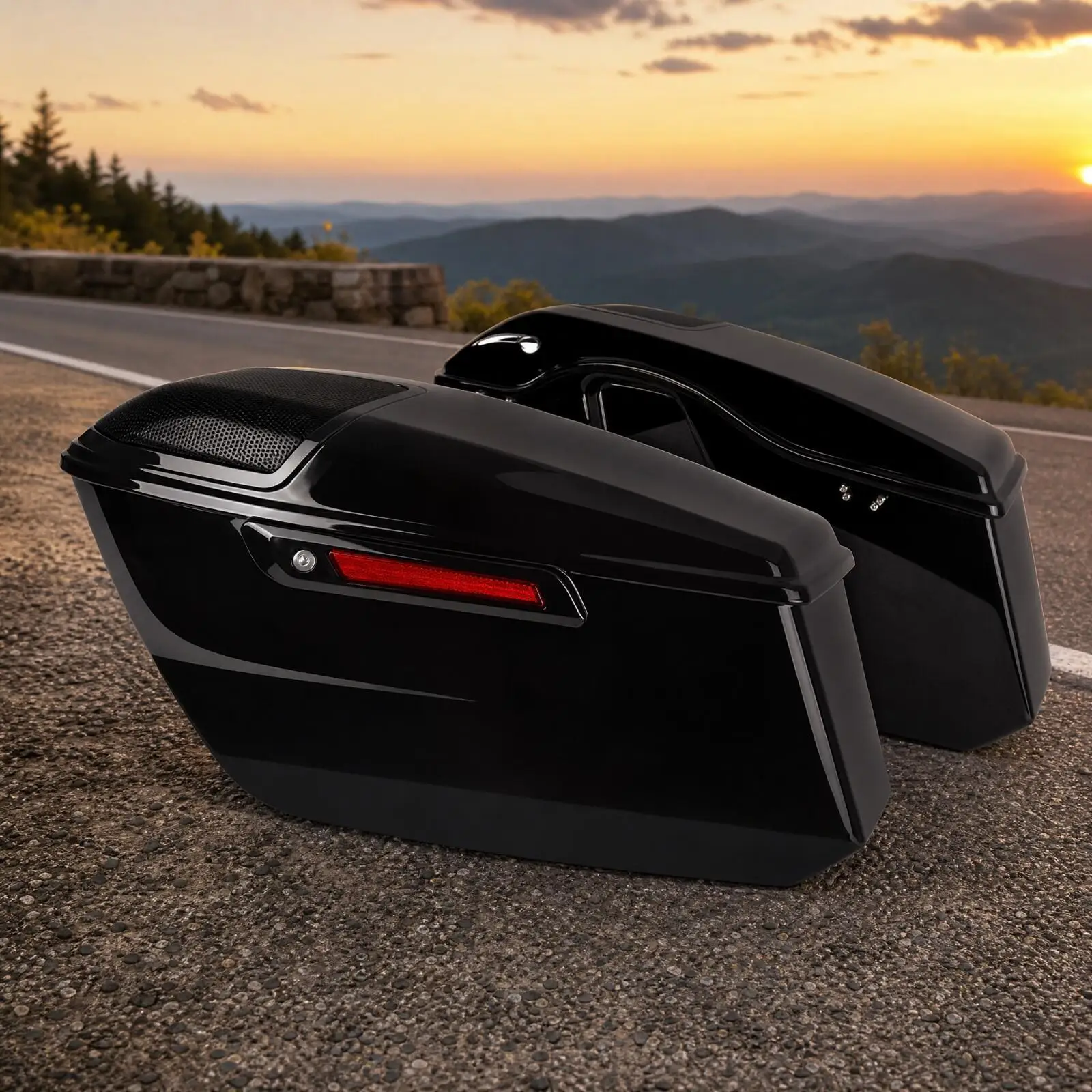 Hard-Body Saddlebag Pair with Locking Hardware Glossy Motorcycle Model Travel Saddlebags Speaker-Ready Molded Motorcycle