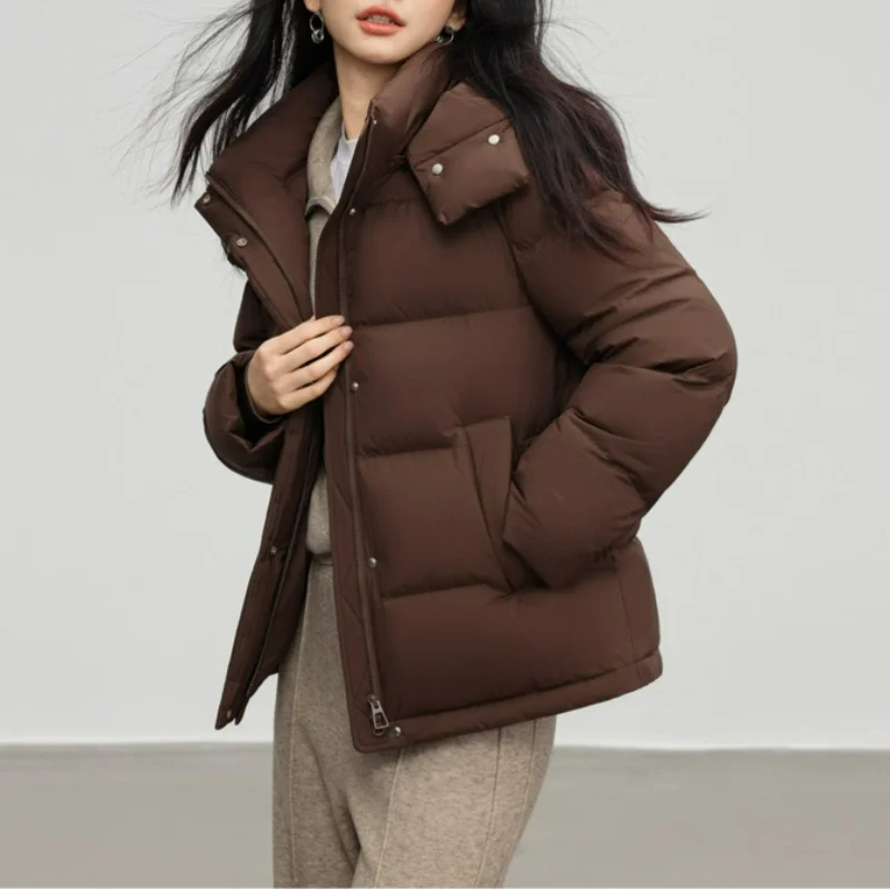 Women Detachable Hooded Down Jackets Winter 2025 New Thickened Warm Cold-proof Bread White Duck Coats Windproof Cuffs Pocket OL