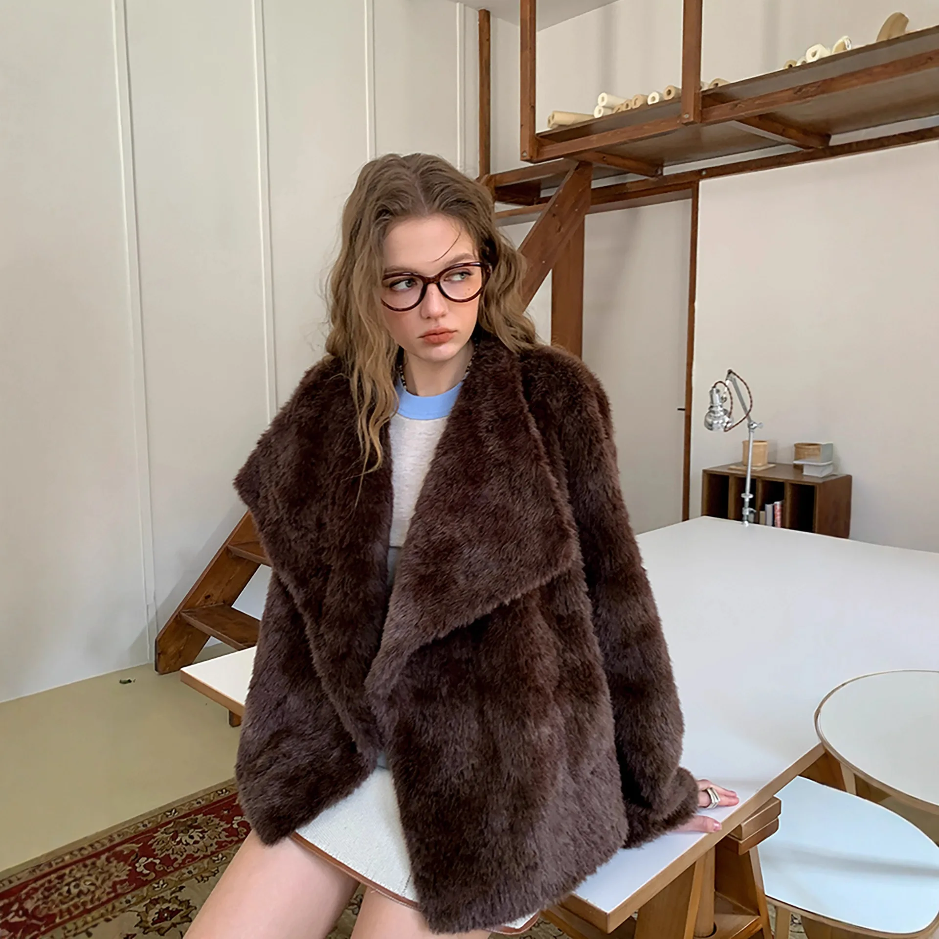 

KIDCRKJ женская куртка из эко-хреха в стиле ретро с воротником с лацканами и длинными рукавами, женская верхняя одежда из норкового меха, шикарная женская куртка из искусственного меха в Instagram-стиле