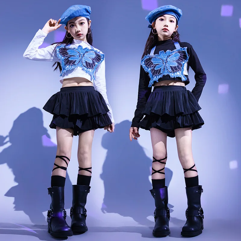 Kid Cool Hip Hop Clothing Denim Blue Butterfly Crop Tank Top Black Layered Pleat Mini Skirt for Girl Jazz Dance Costume Clothes