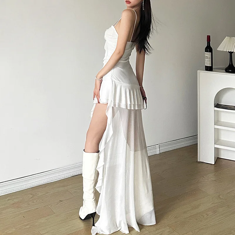 Irregular sólido midi vestido feminino sexy cintas de espaguete babados vestidos verão feminino longo curto volta longo retalhos pura malha