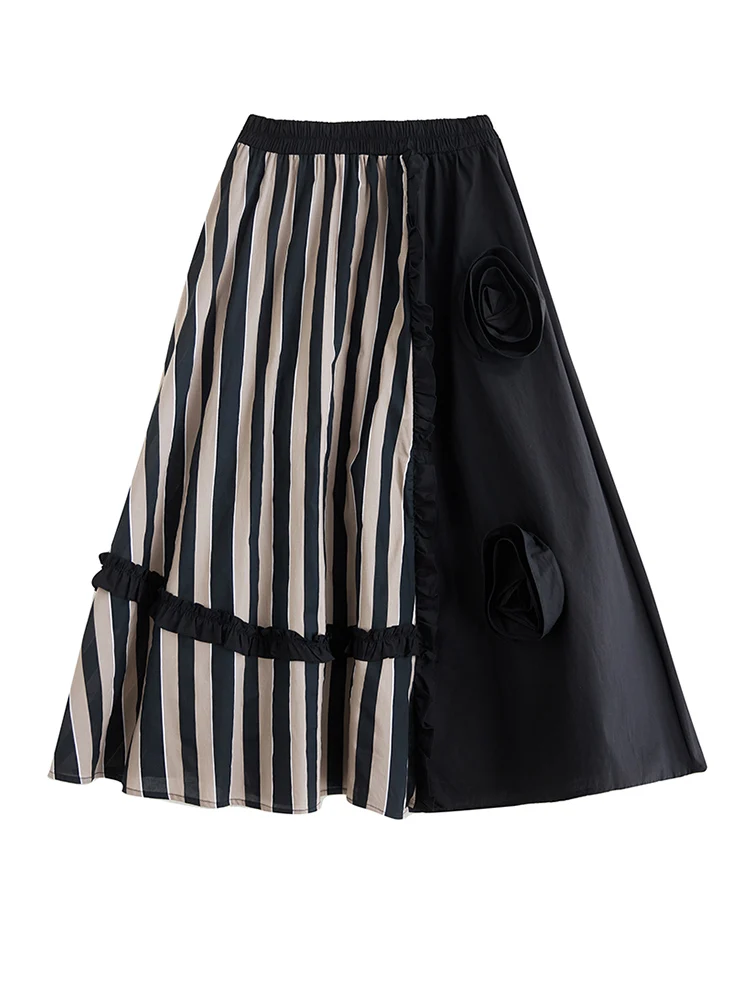 Striped Patchwork Floral Skirt Women Black Vintage High Waist Korean Fashion Loose Casual Long Skirts Clothes New Summer 2024