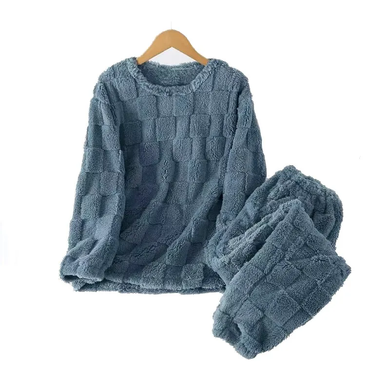 Autumn Winter Warm Chic Women's O-neck Pullover Coral Fleece Pajamas Set Loose 2 Piece Lady Casual Homewear Flannel Outfit