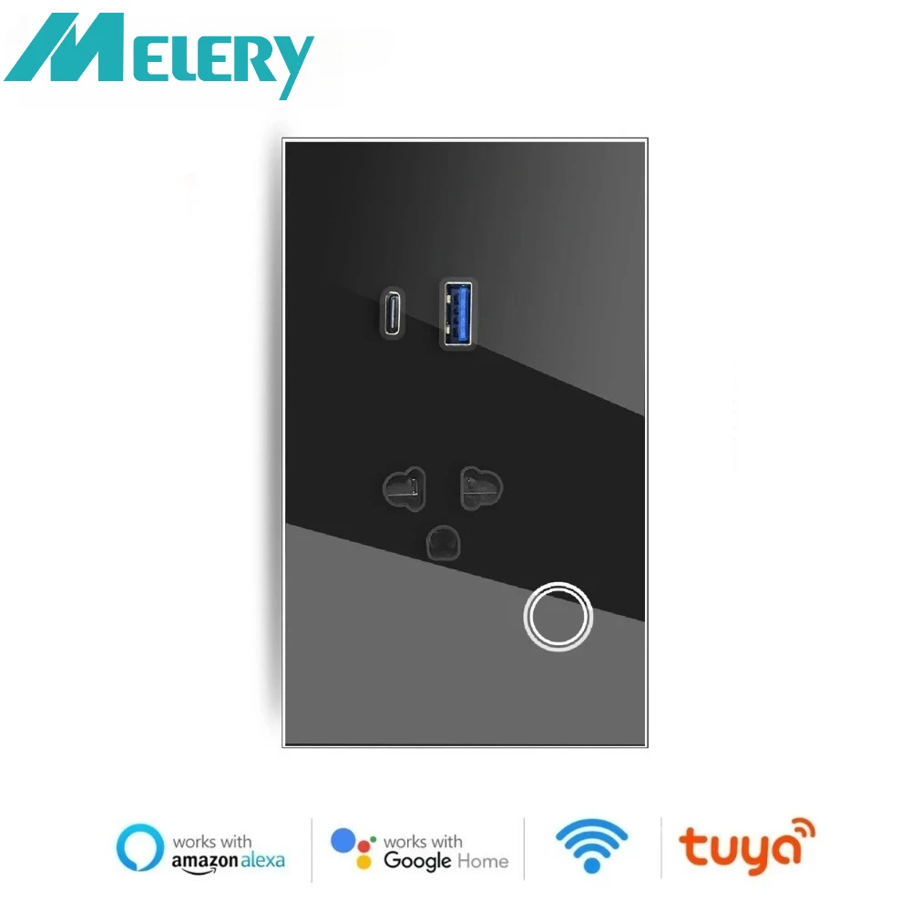 Melery WIFI inteligente Tuya EE. UU. Tailandia enchufe 15A Panel de cristal táctil salida USB tipo C PD 30W Control remoto por aplicación Alexa Google Home