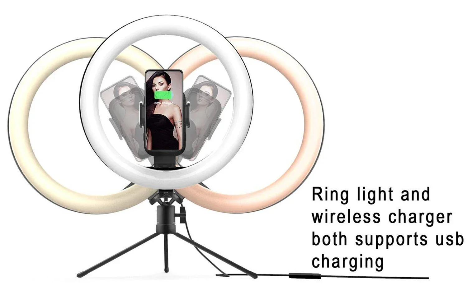 Carregador sem fio LED Ring Light, 2 em 1 Fill Light, suporte para tripé, suporte do telefone para YouTube, Tiktok, Live Streaming, 10W, 12 pol