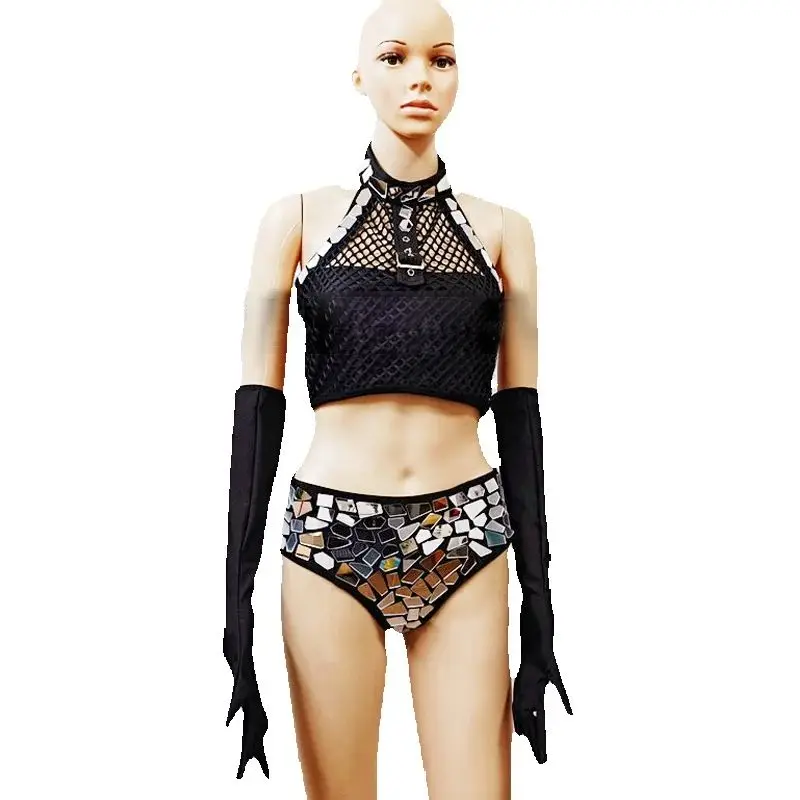 بار ملهى ليلي Dj Ds Gogo زي مثير القطب ملابس الرقص شبكة مرايا السراويل الجاز الملابس عرض مسرحي الهذيان الزي XS10481