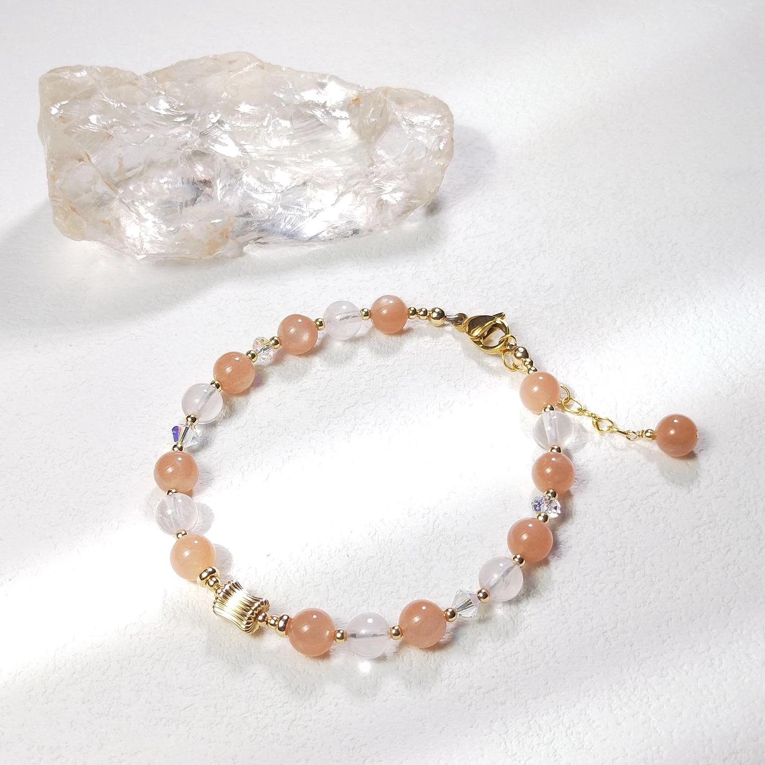 Lii Ji Natural Sunstone Rose Quartz 6mm American 14K Gold Filled Handmade Bracelet Fashion Jewelry