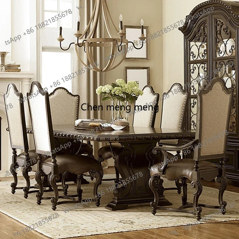 

American dining table and chair combination large apartment solid wood carved villa high-end long dining table large board table