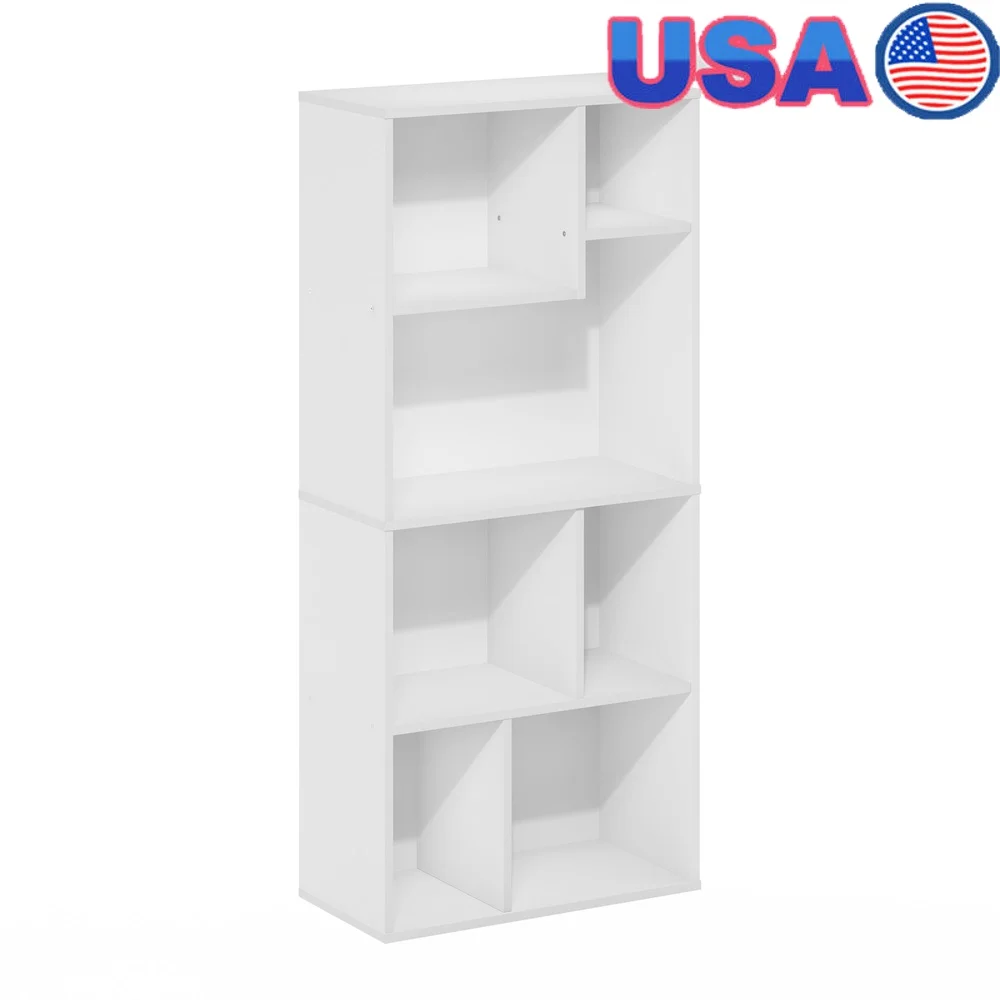 

Unique 7-Cube Asymmetrical Bookcase Storage Organizer Modern Design Durable Composite Wood Vertical Shelves Home Office Living