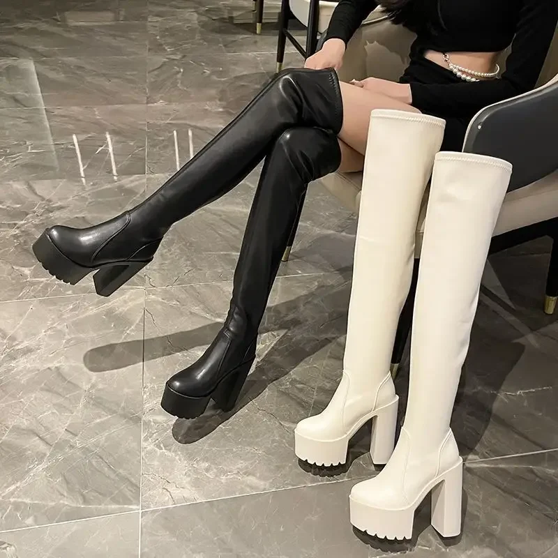 Women's Long Boots 2023 New Style Autumn/winter 14cm Thick Heel Over-knee High Heel Waterproof Rubber Boots Elastic Leather