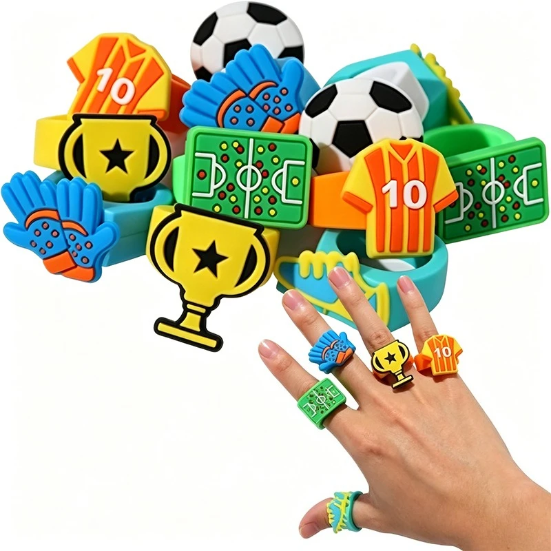 6pcs Soccer Themed Rings Cartoon Football Soccer Pattern Silicone Rings Sports Themed Birthday Party Favor Treasure Box Prizes