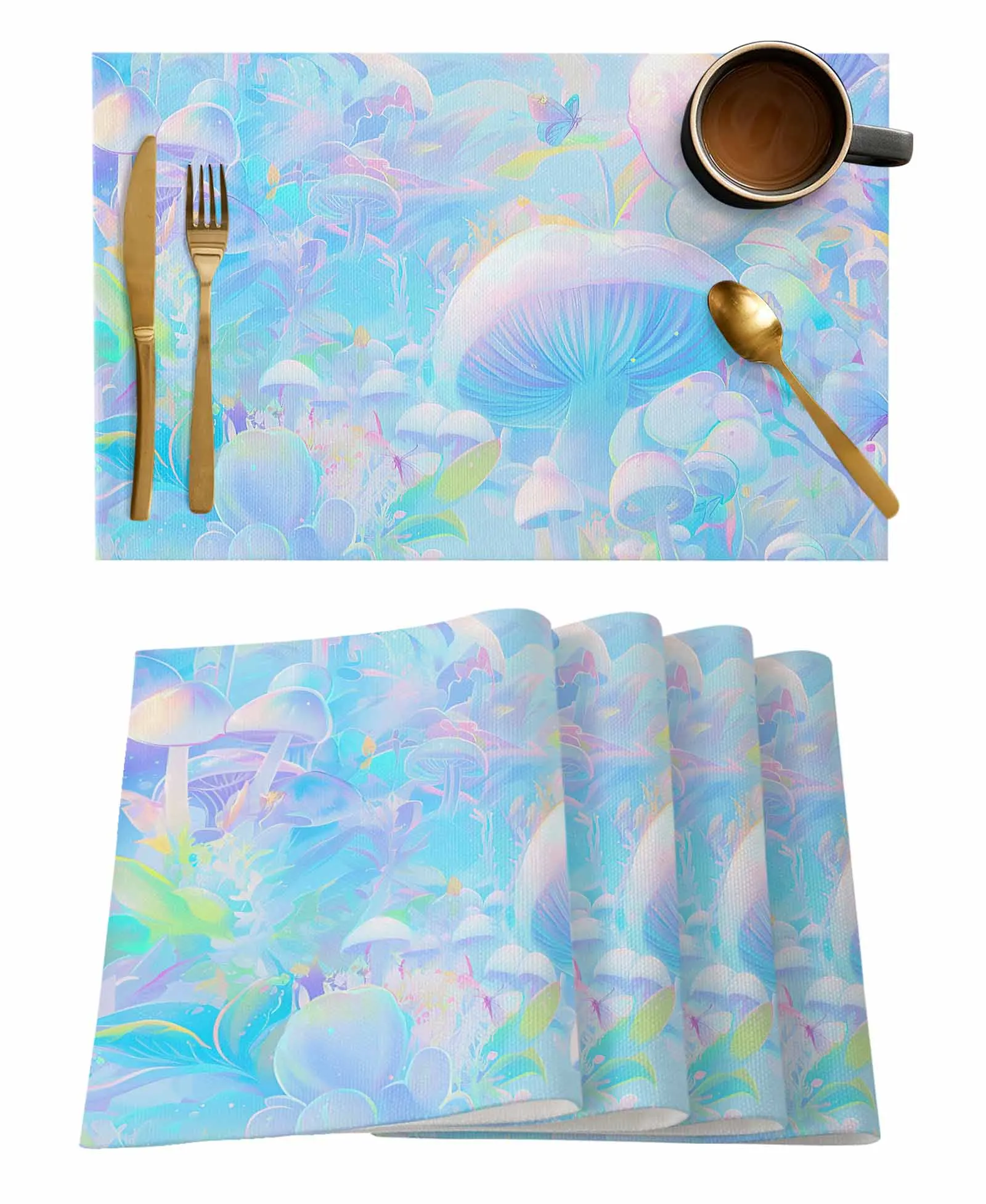 Rainbow Mushroom Butterfly Radiance Abstract Art Table Runners for Dining Room Home Tablecloth 4/6 Pcs Placemats Table Cover