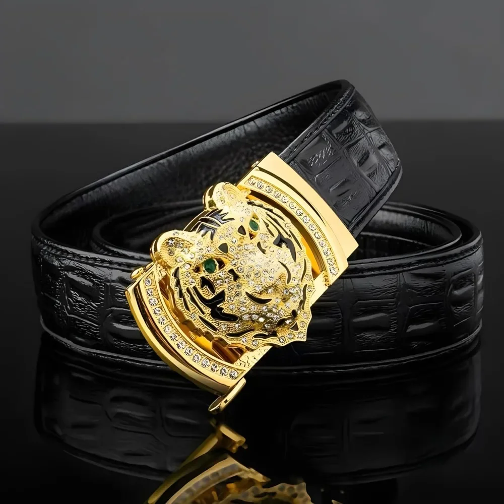 Мужской ремень Gold Tiger Head с автоматической пряжкой из сплава, кожаный мужской ремень, горка для легкой регулировки ремня, обрезка для посадки