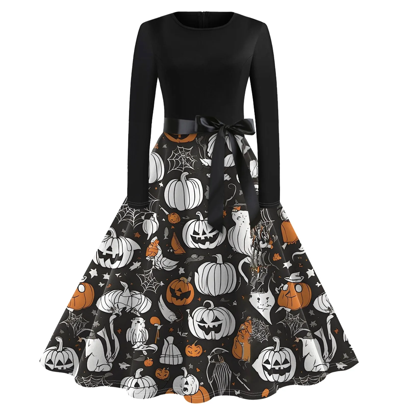 Halloweenowa sukienka z nadrukiem Flare dla kobiet Sukienka z długim rękawem Hollow Party Casual Sukienki plus size sukienki eleganckie sukienki