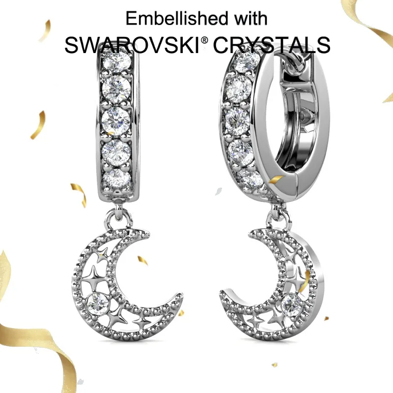 

Daisini Star Moon Hinged Hoop Earrings with Swarovski Crystals Bohemia Fine Jewerly for Women Lucky Gift in 925 Sterling Silver