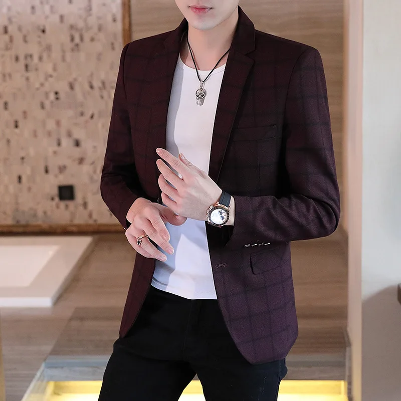 4-B29  Spring and Autumn Men\'s Suit Korean-style Plaid Young Best Man Casual Suit Men\'s National Fashion Jacket Single-piece Top