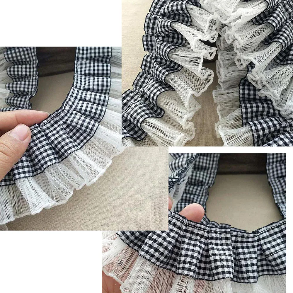 1Yard/3Yards Plaid Lace 7CM Wide White Black Plaids Satin Ribbon Pleated Lace Embroidery Trims For DIY Dress Collar Sewing Decor