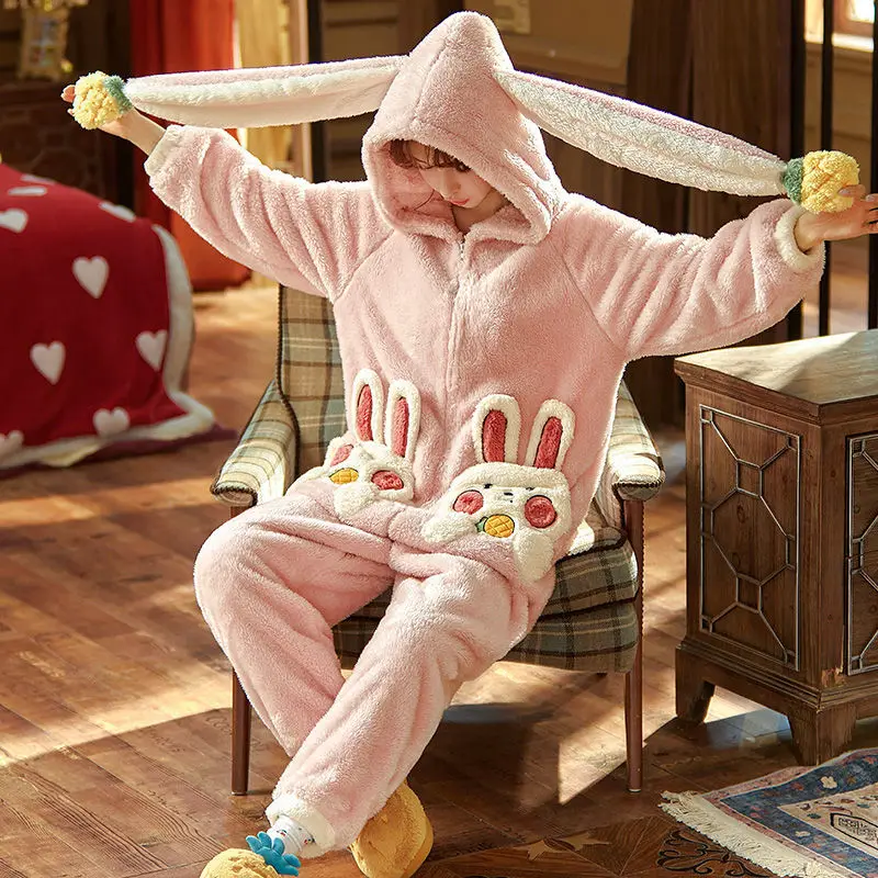 Coral Fleece Jumpsuit Pajamas Cute Cartoon Winter Women Sleepwear Onesies Nightwear Kigurumi Thicken Flannel Female Lounge Wear