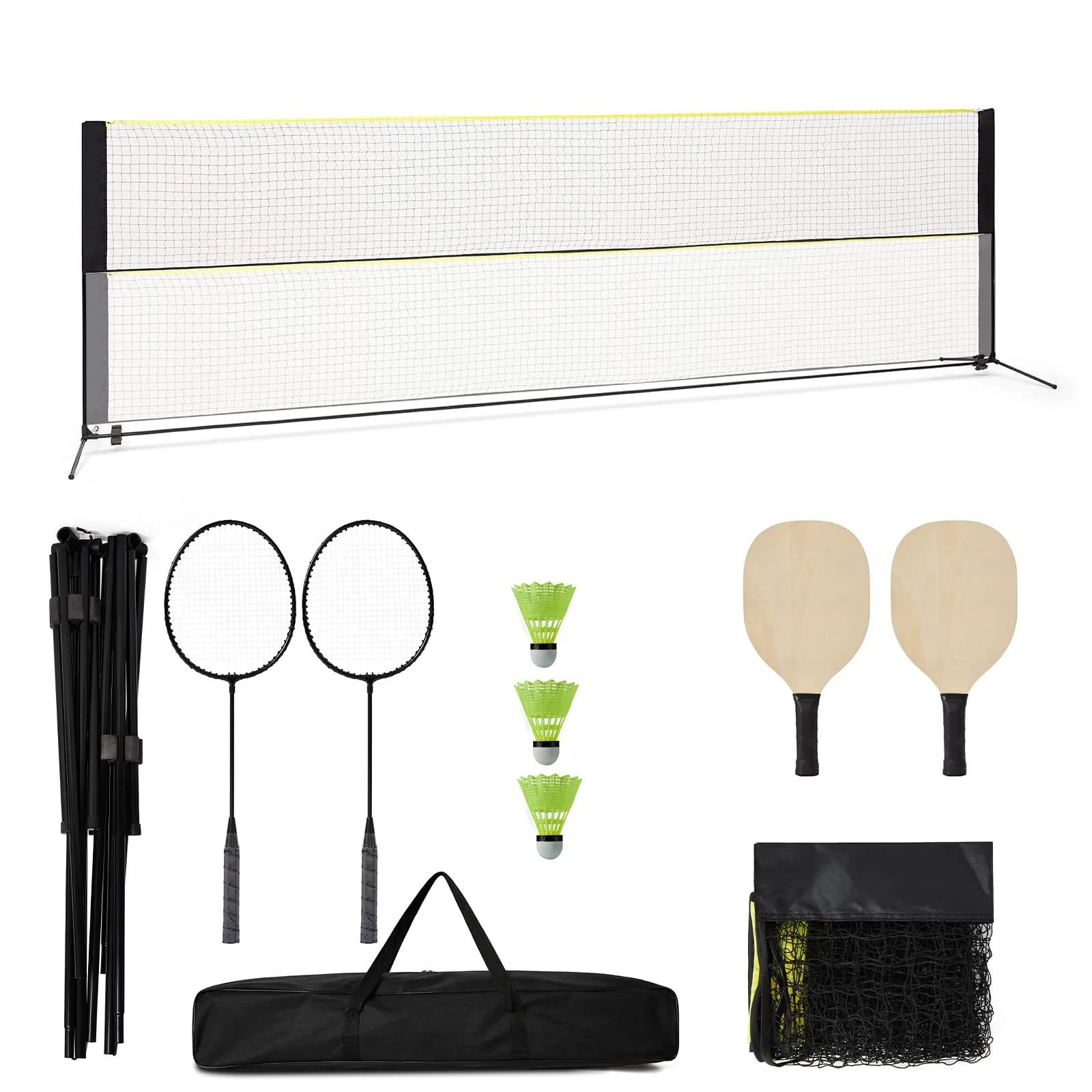 Ensemble portable 2-en-1 pour pickleball et badminton – Filet réglable de 17 pieds, 2 raquettes de badminton, 2 raquettes de tennis, 3 volants de badminton, autoportant, installation facile, sac de transport – Kit sportif d'extérieur pour jardin, salle de sport, parc