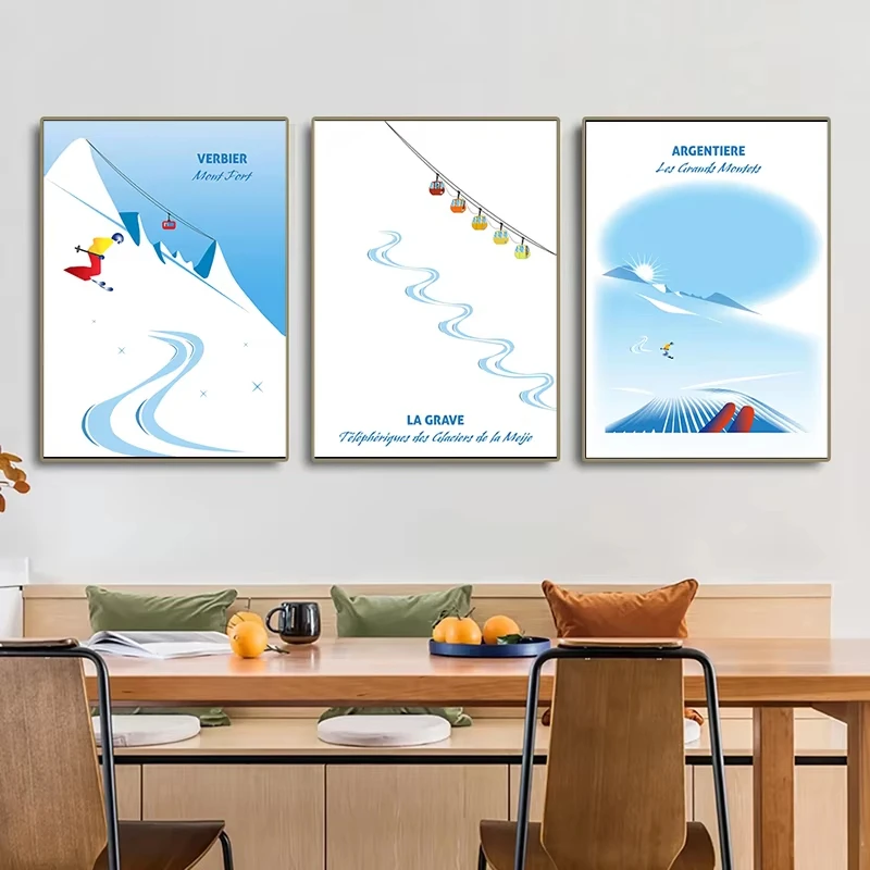Winter Snow Mountain Skiing Wall Art Canvas Print Nordic Minimalist Ski Board Cable Car Illustration Print Room Home Decor