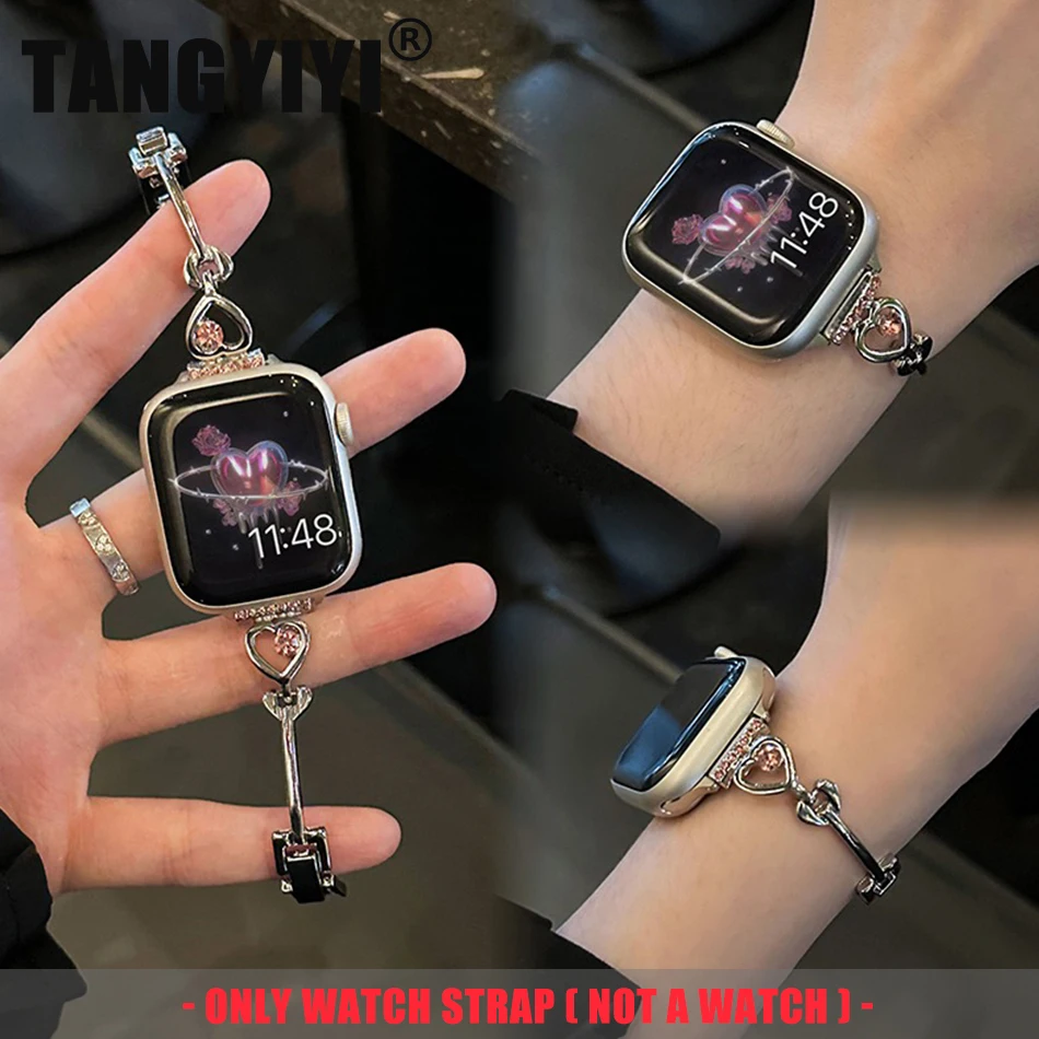 

Ремешок для Apple Watch Band S11/10/9/8/7/SE/5/4/Ultra 3 IWatch 49/46/45/44/42/41/40/38 мм Роскошный металлический браслет с сердечком и бриллиантами