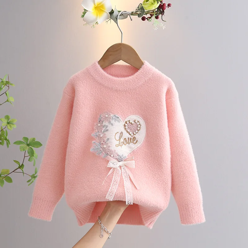 Korean Baby Girls Sweater Autumn Winter New Knitted Pullovers Love Ribbons Children Warm Bottoming Tops for Kids Girl GY08141