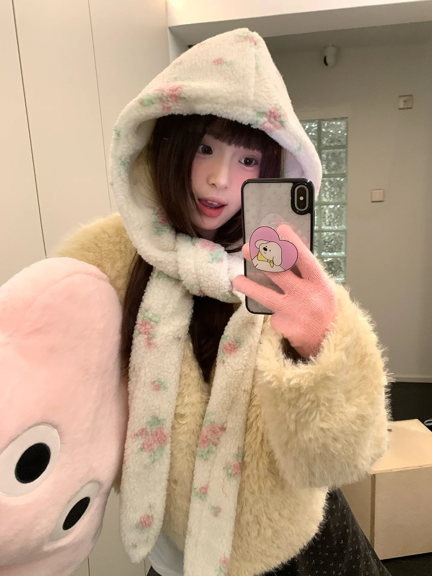 قبعة أذن دافئة على شكل زهرة هان ستايل للنساء مع وشاح للرأس الكبير في الشتاء #5