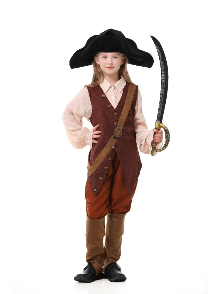 Erwachsenen-Vintage-Piratenkostüm, Gerüschte Bluse, Knopfweste, Schwarzer Dreispitz, Halloween-Bühnenauftritt, Ausgefallenes Outfit-Set – Detail 17