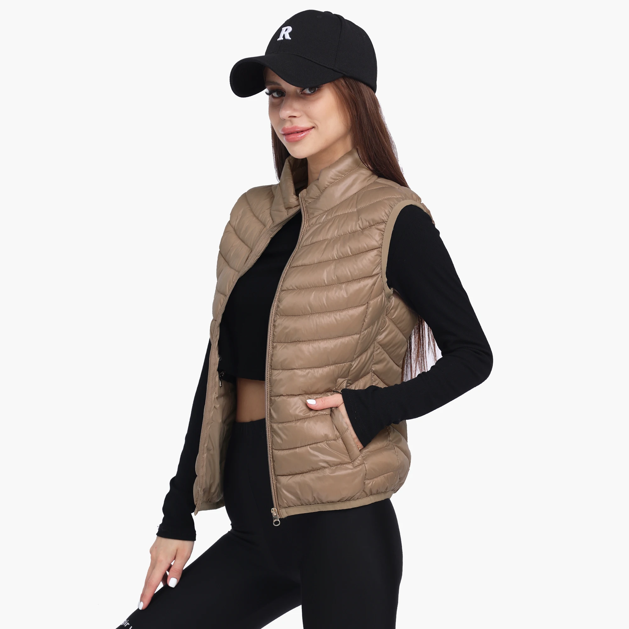 SANTELON Women Winter Lightweight Warm Water-Resistant Packable Puffer Vest With Pockets Sleeveless Stand Collar Coats Outerwear