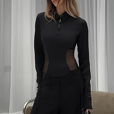 

Черная ажурная осенняя женская рубашка с отложным воротником и пуговицами, женские футболки с завязкой на талии, универсальная женская футболка в корейском стиле