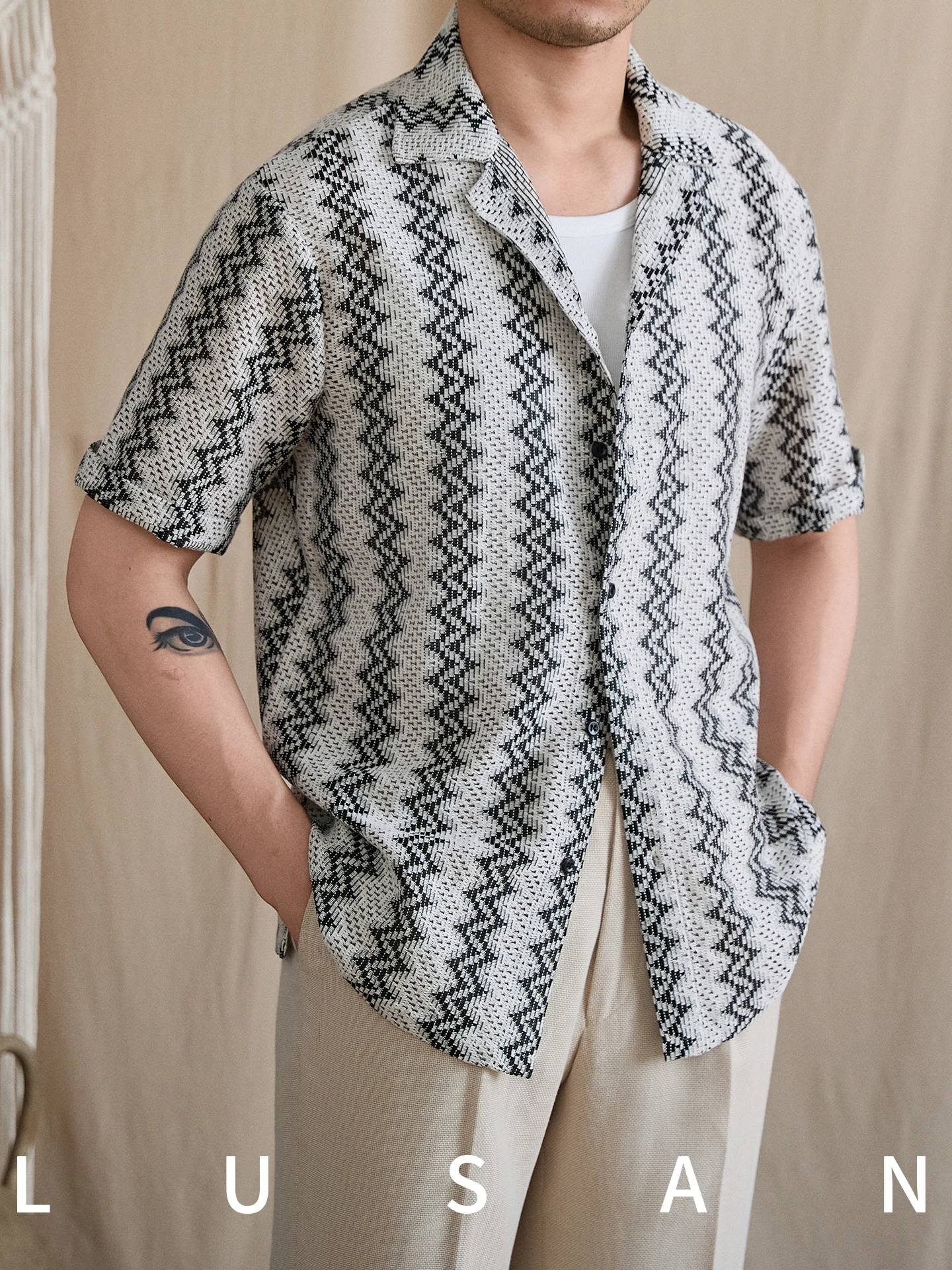 High-End Cotton Blended  Cuban Collar Vacation Beach Short Sleeve Shirt Breathable Personality All-Matching Shirt Trendy Men