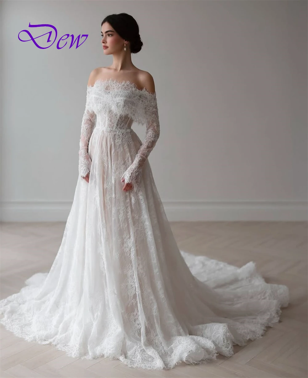 Vestidos De Novia De encaje blanco elegantes personalizados, Vestido De Novia bohemio sin tirantes De manga larga, Vestido De Novia De ensueño con corte en A