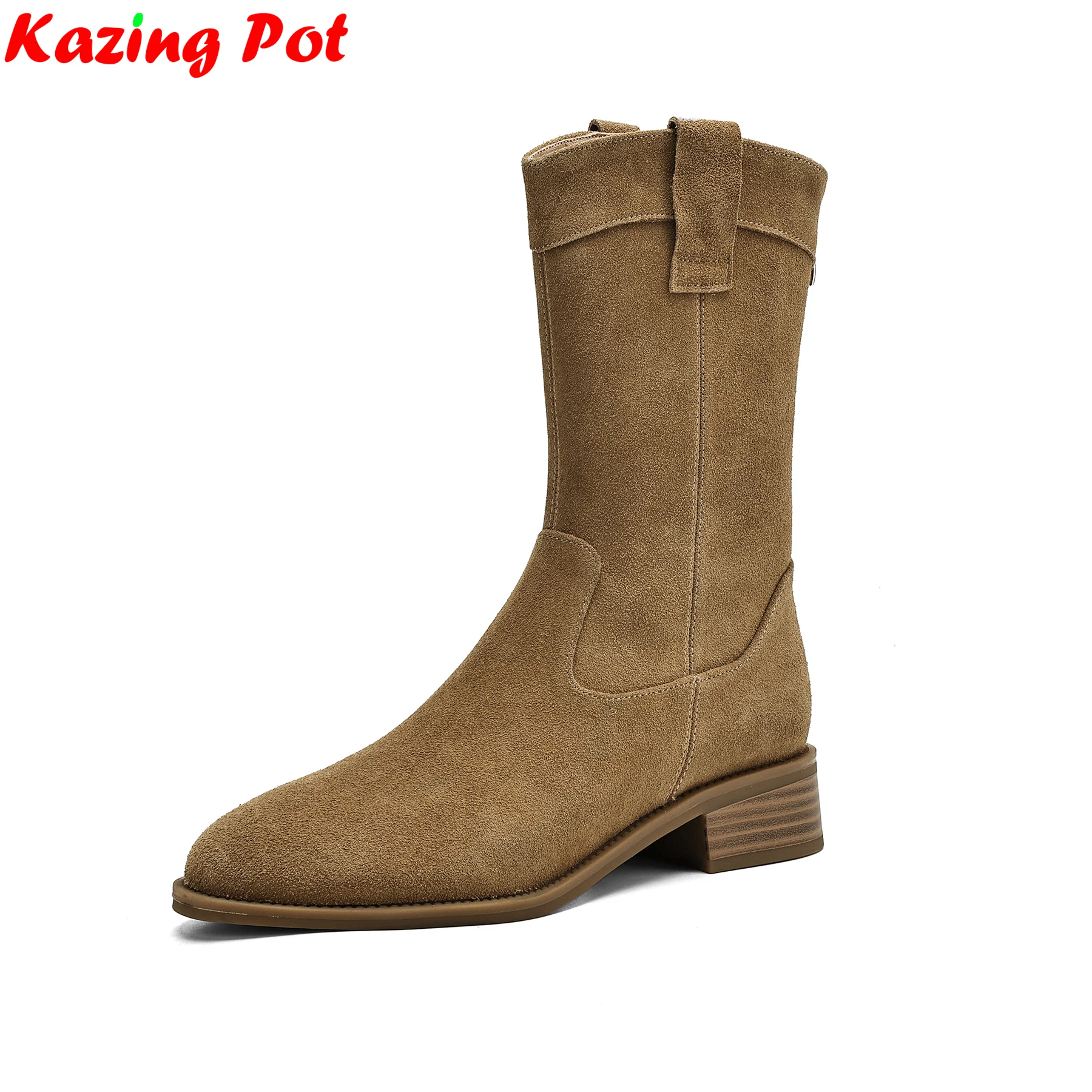 

Krazing Pot 2026, современные ботинки в стиле вестерн на массивном каблуке из коровьей замши, повседневные зимне-осенние лаконичные брендовые элегантные женские ботинки до середины икры