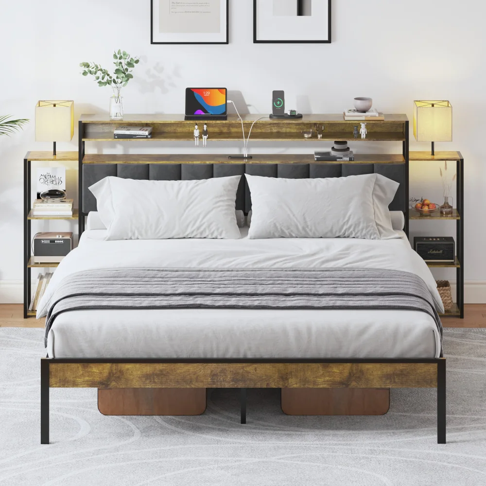 

Queen Platform Bed Frame with Storage and LED Lights and Charging Station,Headboard with Bookcase Shelves, No Box Spring Need