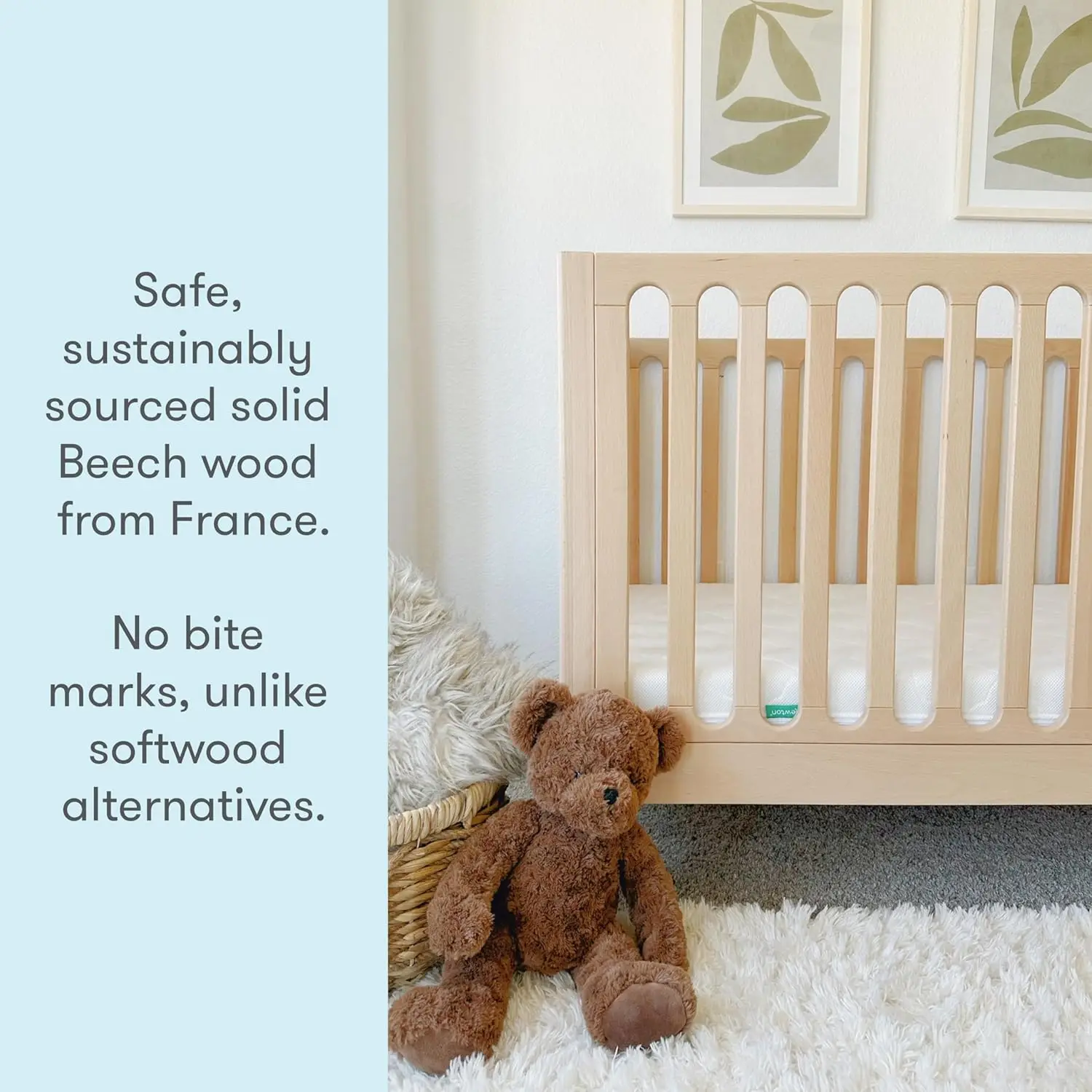 Standard Crib, Solid Beech Wood in Natural Color, 3-in-1 Convertible Crib with Toddler Bed Conversion Kit